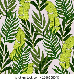 Botanical seamless tropical pattern with bright leaves and plants on a pastel background.  
Beautiful print with hand drawn exotic plants. Trendy summer Hawaii print.