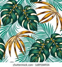 Botanical seamless tropical pattern with bright leaves and plants on a light background. Seamless pattern with colorful leaves and plants. Exotic jungle wallpaper.