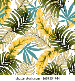 Botanical seamless tropical pattern with bright leaves and plants on a delicate background. Tropical botanical. 
Beautiful exotic plants.  Trendy summer Hawaii print.