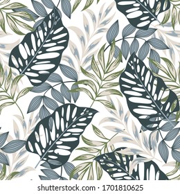 Botanical seamless tropical pattern with bright plants and flowers on a delicate background. Seamless exotic pattern with tropical plants. Exotic jungle wallpaper.