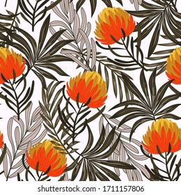 Botanical seamless tropical pattern with bright plants and flowers on a white background. 
Vintage pattern. 
Exotic tropics. Summer.  
Vector design. Jungle print. Floral background. 