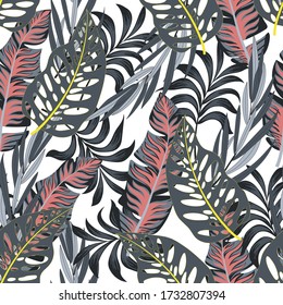 Botanical seamless tropical pattern with bright plants and leaves on a white background. Summer colorful hawaiian. Exotic tropics. Summer. Printing and textiles. 