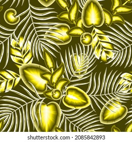 Botanical seamless tropical pattern with bright plants leaves and foliage on pastel background. Summer colorful hawaiian seamless pattern with tropical plants. Printing and textiles. Exotic tropics