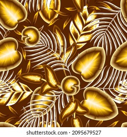 Botanical seamless tropical pattern with bright calla leaves and palm foliage plants on delicate background. Summer colorful hawaiian. Floral background . Printing and textiles. Exotic wallpaper