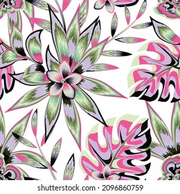 Patrón tropical sin costuras botánico con plantas coloridas brillantes y hojas sobre fondo blanco. Patrón hawaiano colorido de verano sin costuras con plantas tropicales. Fondo floral. Diseño de verano exótico
