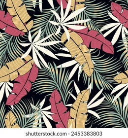 Botanical seamless tropical pattern with bright plants and leaves on a black background. Tropical botanical. Beautiful seamless vector floral pattern.