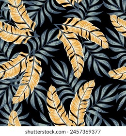 Patrón tropical sin costuras botánicas con plantas brillantes y hojas sobre un fondo negro. Hojas tropicales en colores brillantes. Hermoso patrón floral de Vector sin costuras.