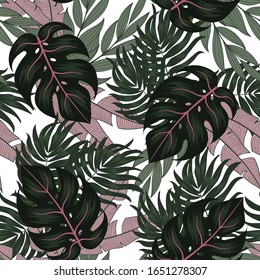 Tapa tropical sin fisuras botánica con plantas coloridas y hojas sobre un fondo delicado. Pieza de jungla sin fisuras vectorial de fondo floral. El hawaiano colorido de verano.