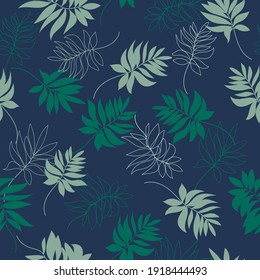 Botanical seamless tropical pattern with colorful plants and leaves on a blue background. Colorful stylish flat design. Exotic tropics. Summer. Hawaiian style. Vector.