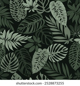 Botanical seamless tropical pattern with colorful plants and leaves on black background. Colorful stylish floral. Exotic tropics. Summer. Hawaiian style. Vector