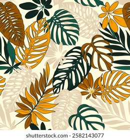 Botanical seamless tropical pattern with colorful plants and leaves on beige background. Exotic tropics. Summer. Vector illustration
