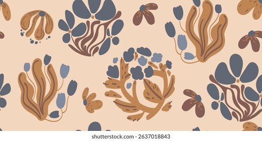 Botanical Seamless vector pattern with abstract floral shapes in muted blue, brown, and beige tones, perfect for textile prints, wallpaper, packaging, wrapping paper, and digital backgrounds