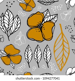 Botanical seamless vector pattern. Flowers and leaves. Mustard yellow color on gray background.