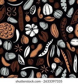 Botanical seamless vector pattern with hand-drawn seedpods. Sketch  illustration.