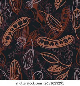 Botanical seamless vector pattern with hand-drawn seedpods. Sketch  illustration.
