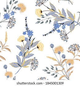 Botanical seamless vector pattern with leaves ,blooming floral in monotone blue and beige colours ,Design for fashion , fabric, textile, wallpaper, cover, web , wrapping and all prints on white