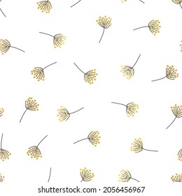 Botanical seamless vector pattern metallic gold foil. Siny golden flower silhouettes on white background wild grass florals elegant. Delicate minimal nature print for gift wrap, wallpaper, home decor.