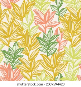 Botanical seamless vector pattern. Mustard yellow pink and green color leaves