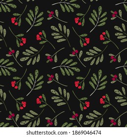 Botanical seamless vector pattern with red berries and green branches mistletoe. Holidays seamless pattern. Perfect for greeting cards, wallpaper, gift paper, web page background, winter decorations