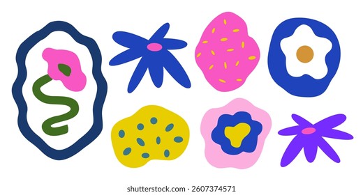 Botanical set of abstract colorful flowers and plants. Organic floral doodles, leaves of different shapes. Trendy hippie funky shapes in cartoon retro style. Vector cartoon illustration 