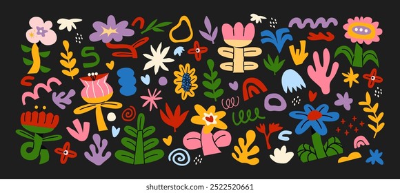 Botanical set of abstract flowers and plants. Organic floral doodles, leaves of different shapes. Trendy hippie funky shapes stickers 90s.