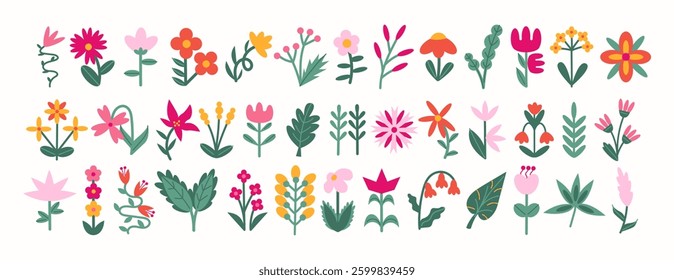 Botanical set of abstract flowers and plants. Organic floral doodles, leaves of different shapes. Trendy hippie funky shapes stickers 90s.	
