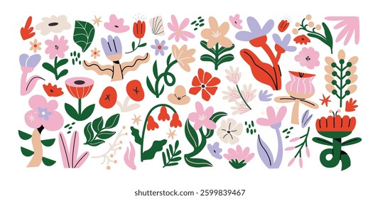 Botanical set of abstract flowers and plants. Organic floral doodles, leaves of different shapes. Trendy hippie funky shapes stickers 90s.	
