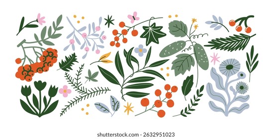 Botanical set abstract flowers and plants. Organic floral doodles, leaves of different shapes. Trendy hippie funky shapes stickers 90s.