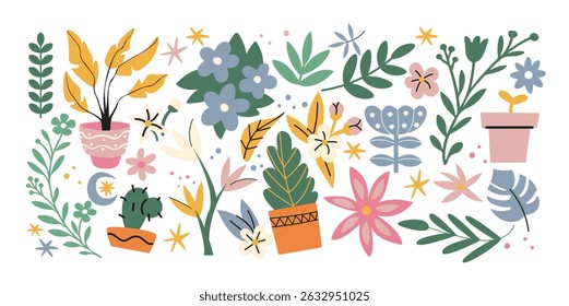 Botanical set abstract flowers and plants. Organic floral doodles, leaves of different shapes. Trendy hippie funky shapes stickers 90s.