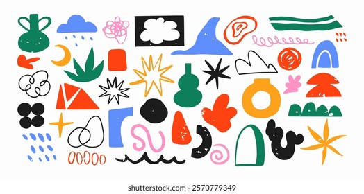 Botanical set of abstract shapes flowers and plants. Organic blot floral doodles, leaves of different stickers. Trendy hippie funky shapes stickers 90s in Matisse style