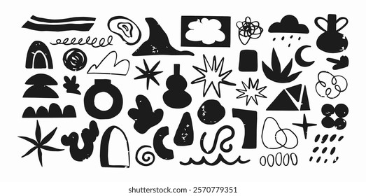 Botanical set of abstract shapes flowers and plants. Organic blot floral doodles, leaves of different stickers. Trendy hippie funky shapes stickers 90s in Matisse style