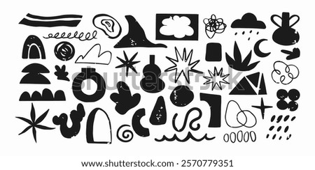 Botanical set of abstract shapes flowers and plants. Organic blot floral doodles, leaves of different stickers. Trendy hippie funky shapes stickers 90s in Matisse style