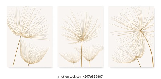 Botanical set with art pattern of dandelion flowers in golden line style. Vector collection of hand drawn posters for decor, print, textile, packaging, wallpaper, interior design.