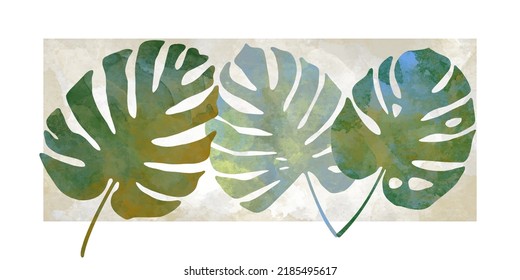Botanical set art vector watercolor background with green leaves. Modern artistic graphic design for interior, poster, cover, banner, flyer, cards. Pastel colors template for design interior. Leaf.
