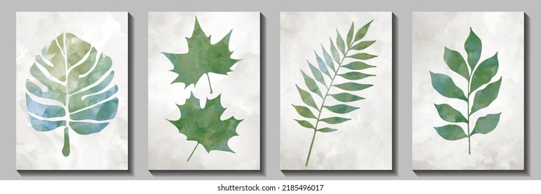 Botanical set art vector watercolor background with green leaves. Modern artistic graphic design for interior, poster, cover, banner, flyer, cards. Pastel colors template for design interior. Leaf.	