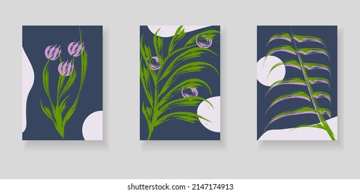 Antecedentes botánicos con plantas abstractas y formas orgánicas. Afiches vectoriales modernos con textura de arte para la decoración del hogar. Para imprimir en portadas, carteles, ventas, volantes, postales.