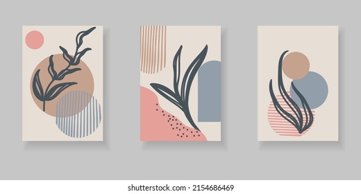 Botanical set backgrounds with abstract plants and organic shapes. Modern vector posters with art texture for home decor. For printing on covers, banners, sales, flyers, postcards.