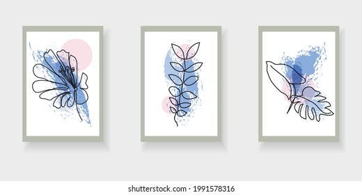 Botanical set backgrounds with continuous line flowers and leaves. Modern vector posters with grunge texture for for wall decoration. For printing on covers, banners, sales, flyers.