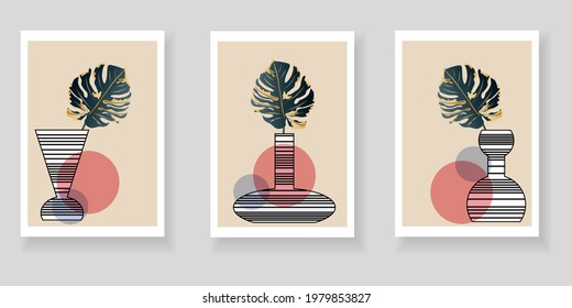 Botanical set backgrounds with monstera leaves in striped vases. Modern vector posters with art texture for home decor. For printing on covers, banners, sales, flyers, postcards.