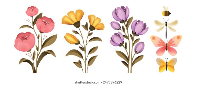 Botanical set of blooming flowers and insects. Pink, yellow and purple flowering buds. Butterflies, dragonfly and bee. Different flowers and insects isolated on white background.