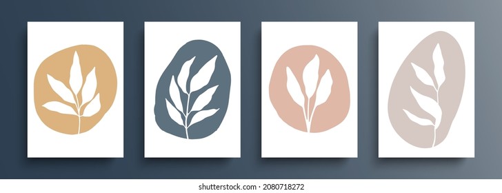 Botanical set. Boho foliage drawing with color abstract shapes. Hand drawn floral backgrounds for your creative graphic design. Vector illustration.