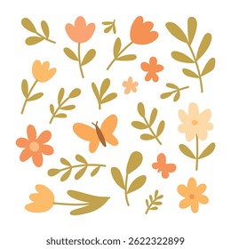 Botanical set with colorful flowers, green leaves, and cute butterflies, perfect for nature patterns, floral art, spring designs, and garden themes.
