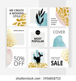Botanical set of editable square photo collage banners. Abstract gold leopard pattern shapes in boho style. Minimalism templates for social media posting and online advertising. Vector illustration.