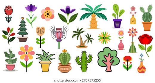 Botanical set featuring bright potted plants and trees flat vector illustration