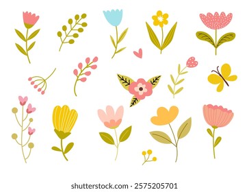 botanical set featuring various flowers, leaves, and plants in a vibrant vector illustration. Perfect for nature-themed designs, eco-friendly projects, or home decor