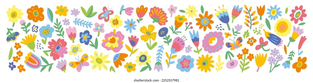 Botanical set in flat minimalist style. Decorative flowers, leaves and butterflies isolated on a white background. Collection of abstract modern floral elements. Contemporary art. Vector illustration.