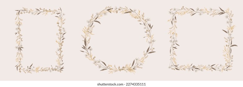 Botanical set frames with herbs. Wreath with dry grass. Natural  tones. Vector illustration. Line art. Layout border for invitations card, postcards, logos, covers, labels.