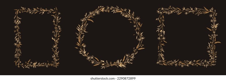 Botanical set frames with meadow herbs. Wreath with dry grass. Dark background. Line art style. Layout border for invitations, postcards, logos, covers, labels.