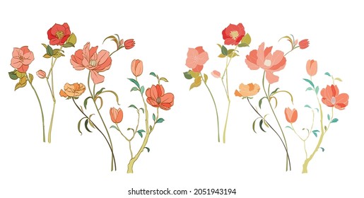 Botanical set of garden floral plants vector. Gorgeous flowers isolated on white background. Colorful flat vector illustration. Hand drawn line.