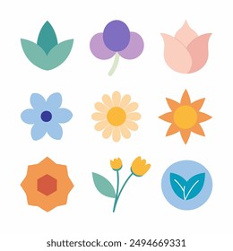 Botanical set of garden floral plants. Gorgeous clematis, craspedia, daffodil, irises, peony, poppy, tulip and pansy flowers isolated on white background. Colorful flat vector illustration